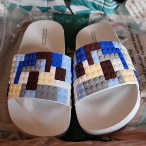 Blue and Brown Pixelated Slide Sandals